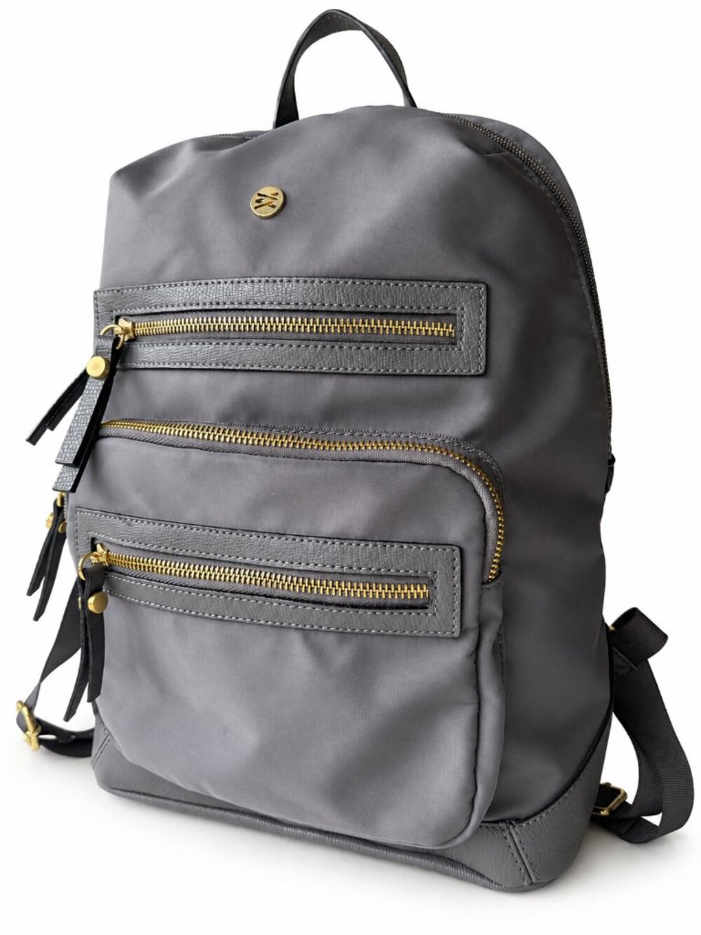 Travanti Gray Nylon Backpack Gold Hardware Multi Pocket Fashion Travel Bag
